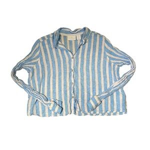 Cynthia Rowley Linen Striped Long Sleeve Button Down Shirt Blue & White Medium